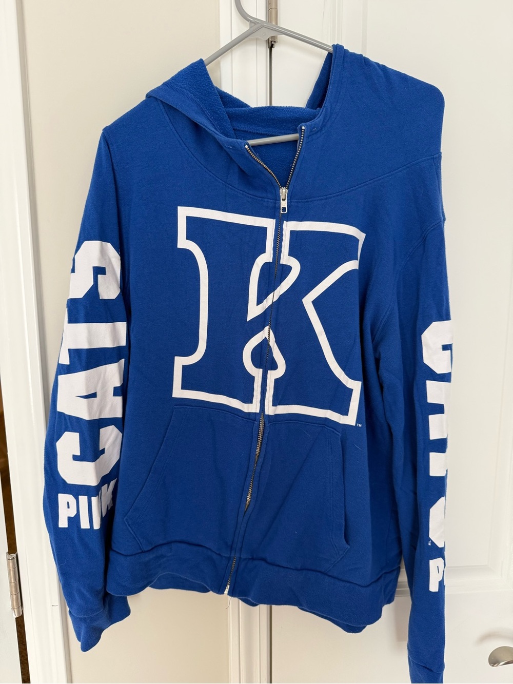 PINK Victoria's Secret Blue Zip-Up Hoodie with White Lettering